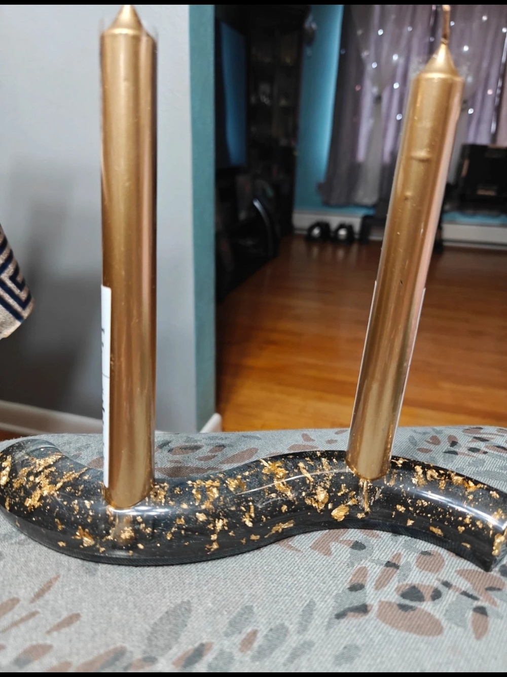 Gold Taper Candle Set with Black and Gold Speckled Holder